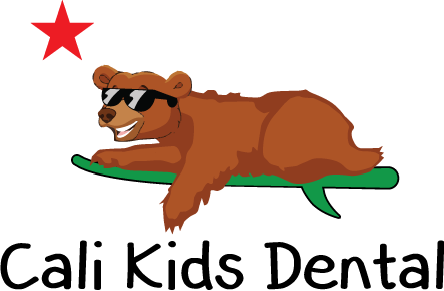 A cartoon bear wearing sunglasses lies on a green surfboard under a red star, with the text "Cali Kids Dental" below.